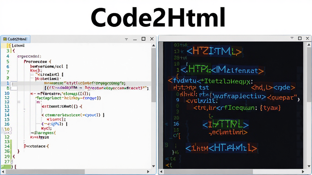 一张Code2Html软件功能展示图,画面左侧为彩色代码编辑区,右侧为生成的高亮HTML预览,不同语法元素以红蓝绿等颜色区分,界面明亮清晰,突出软件名称