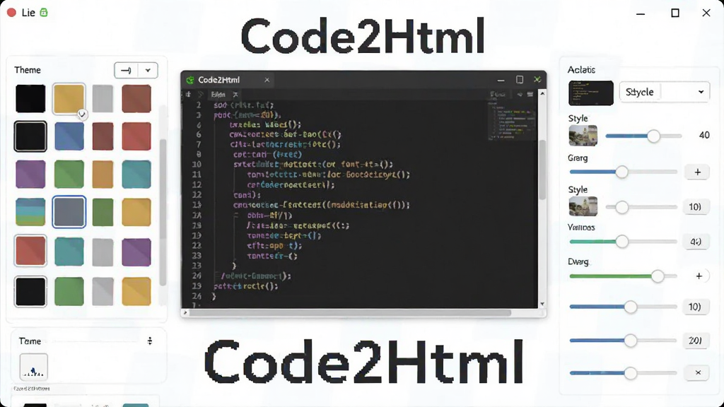 一张展示Code2Html自定义主题设置界面的图片,画面中央为代码预览区,周围是主题选择面板与样式调节滑块,色彩丰富,界面友好,突出软件名称