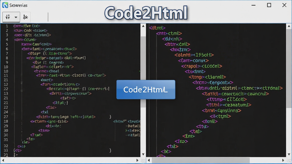 一张Code2Html软件使用教程截图,画面展示代码转换前后对比,左侧为原始代码,右侧为高亮HTML预览,中间有转换按钮,界面清晰,突出软件名称