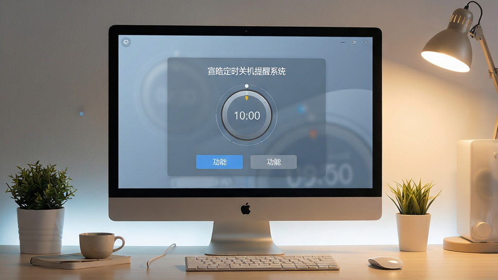 一张现代简约风格的电脑桌面场景,屏幕中显示“宣皓定时关机提醒系统”的主界面,界面包含清晰的时间设置转盘和功能按钮,背景为柔和的蓝灰色渐变,整体布局干净整洁,科技感与温馨感并存,画质清晰,细节丰富,无多余元素
