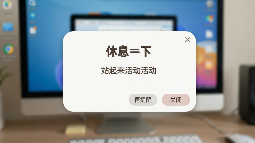 一张电脑桌面上的提醒弹窗特写,弹窗标题为“休息一下”,内容为“站起来活动活动”,弹窗右下角有“再提醒”和“关闭”按钮,弹窗风格圆润亲和,背景为模糊的桌面壁纸,整体画面柔和,画质清晰,无多余元素