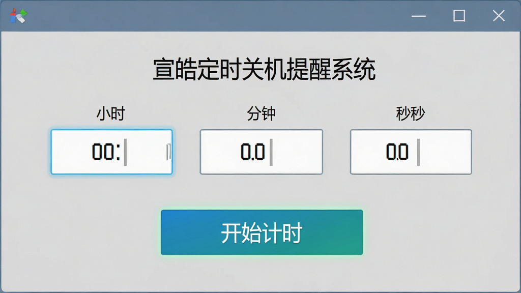 一张电脑屏幕截图,展示“宣皓定时关机提醒系统”的倒计时设置面板,面板上有小时、分钟、秒的输入框和“开始计时”按钮,背景为浅灰色,界面元素高亮显示,整体风格为扁平化设计,画质干净,无多余元素