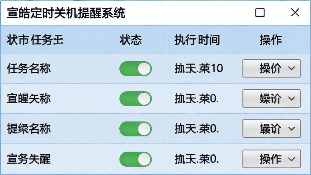 一张表格样式的界面截图,展示“宣皓定时关机提醒系统”的任务计划列表,每行包含任务名称、状态开关、执行时间、操作按钮,表格底色为浅蓝色,文字清晰,整体布局规整,画质干净,无多余元素