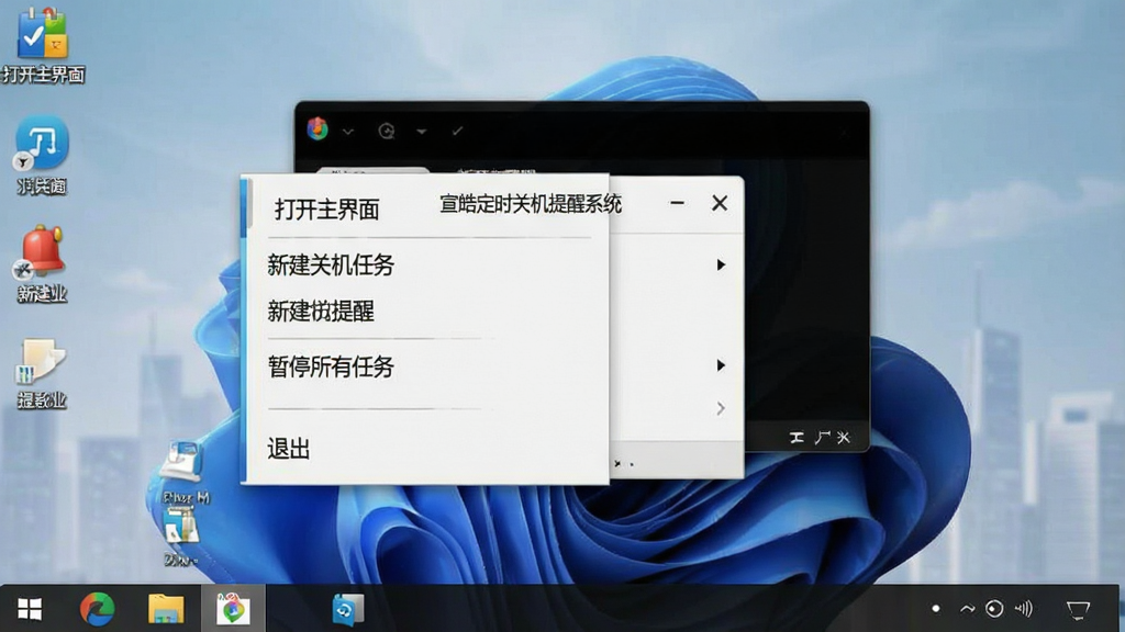 一张电脑屏幕截图,展示“宣皓定时关机提醒系统”的托盘菜单,菜单项包括“打开主界面”、“新建关机任务”、“新建提醒”、“暂停所有任务”、“退出”,背景为桌面壁纸,菜单风格简洁,画质清晰,无多余元素