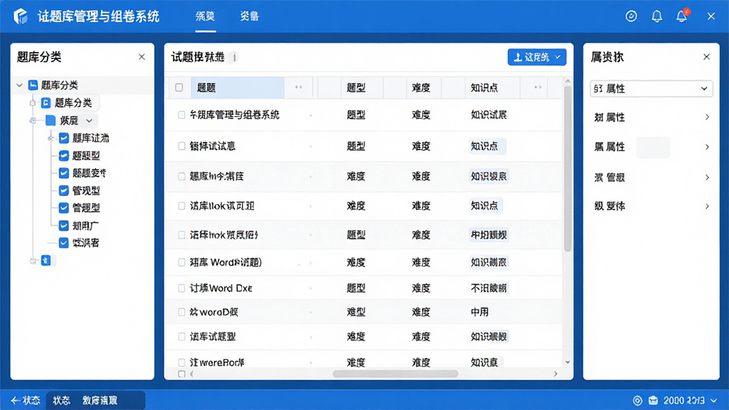 ���壺Word�����������ϵͳ�����棬չʾ��������������м������б����Ҳ�������壻���֣����½ṹ���������ܲ˵������в�������񣬵ײ�״̬�����Ű棺��������Ϣ�㼶���б�ʽ���У�����ִ���Լ�Ƽ��У�������ɫ����ϸ�ڣ�������ʾ��Ŀ�����͡��Ѷȡ�֪ʶ����ֶΣ�����ɾ����ࣻ���ʣ�������Ⱦ���ɾ��޶���Ԫ��