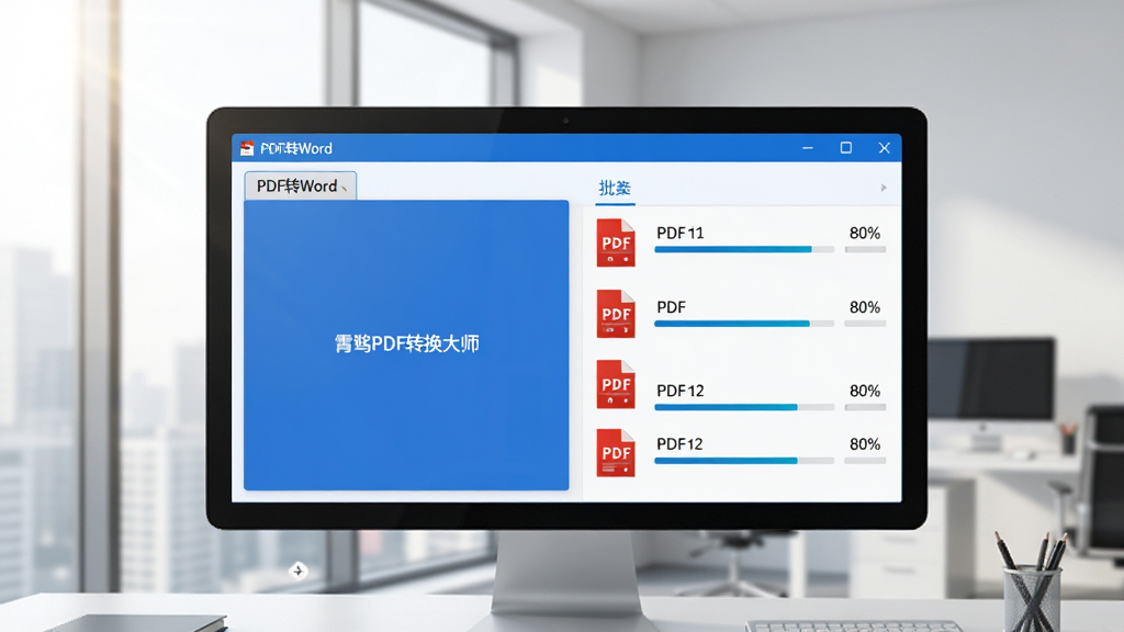 电脑屏幕上显示霄鹞PDF转换大师的转换界面,左侧选择“PDF转Word”,右侧文件列表中有多个PDF文件正在批量转换,进度条已到80%,背景为现代办公室,窗外透进自然光,界面以蓝色和白色为主,整体明亮干净,扁平化风格,画质清晰,无多余元素