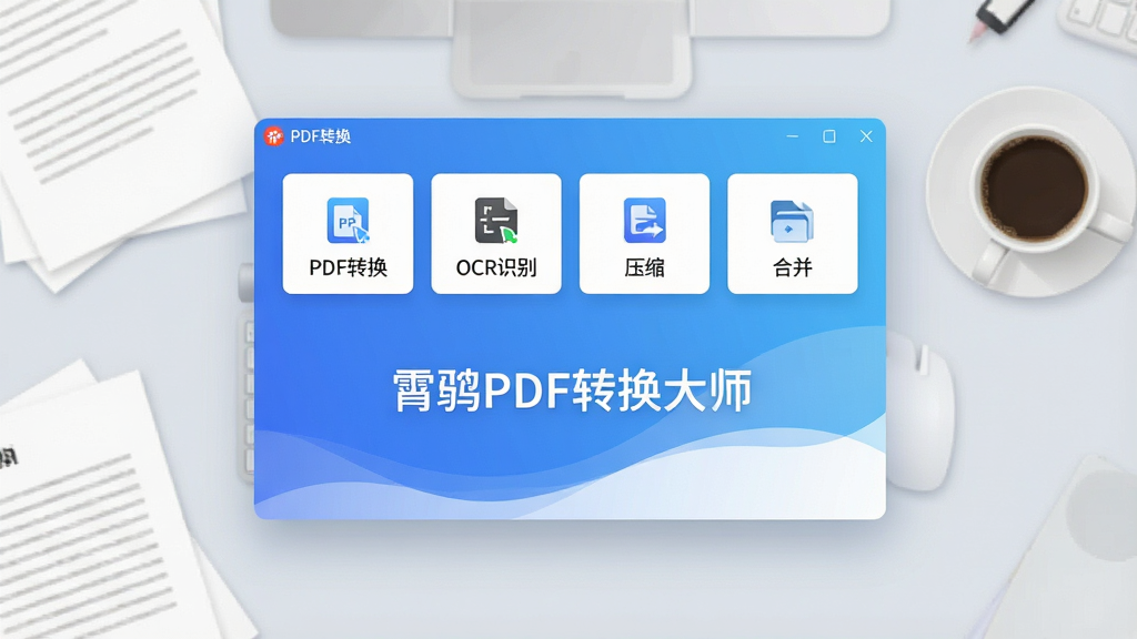 画面中央悬浮一款名为“霄鹞PDF转换大师”的软件主界面,界面以蓝白渐变为主色调,顶部显示“PDF转换”“OCR识别”“压缩”“合并”四个功能卡片,卡片上分别有对应图标,背景为柔和的浅灰色办公桌面,周围有散落的纸张和咖啡杯,整体风格简洁明亮,扁平化设计,高分辨率,干净无多余元素