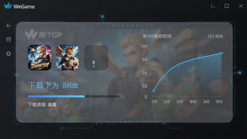 主体为WeGame(原TGP)游戏下载界面,显示下载进度条与速度曲线,布局为半透明卡片式,风格科技感强,细节包含游戏图标与剩余时间,画质清晰,干净无多余元素