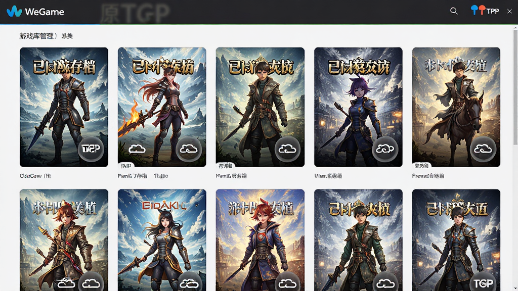 主体为WeGame(原TGP)游戏库管理页面,展示多款游戏封面墙,布局为网格状,风格清爽,细节包含云存档标识,画质干净,无多余元素