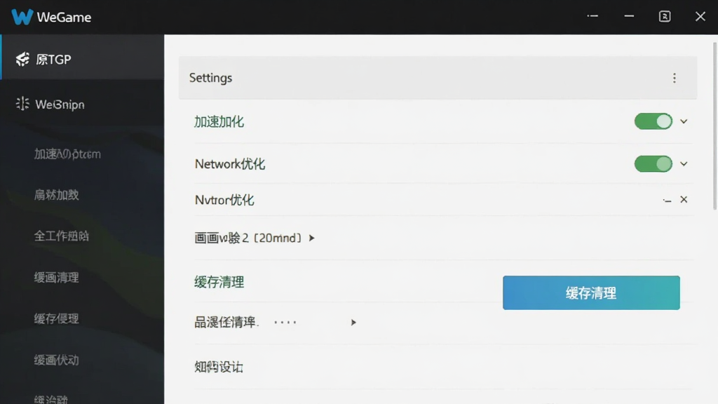 主体为WeGame(原TGP)设置界面,展示加速选项与缓存清理按钮,布局为设置列表样式,风格简洁,细节包含网络优化开关,画质清晰,干净无多余元素