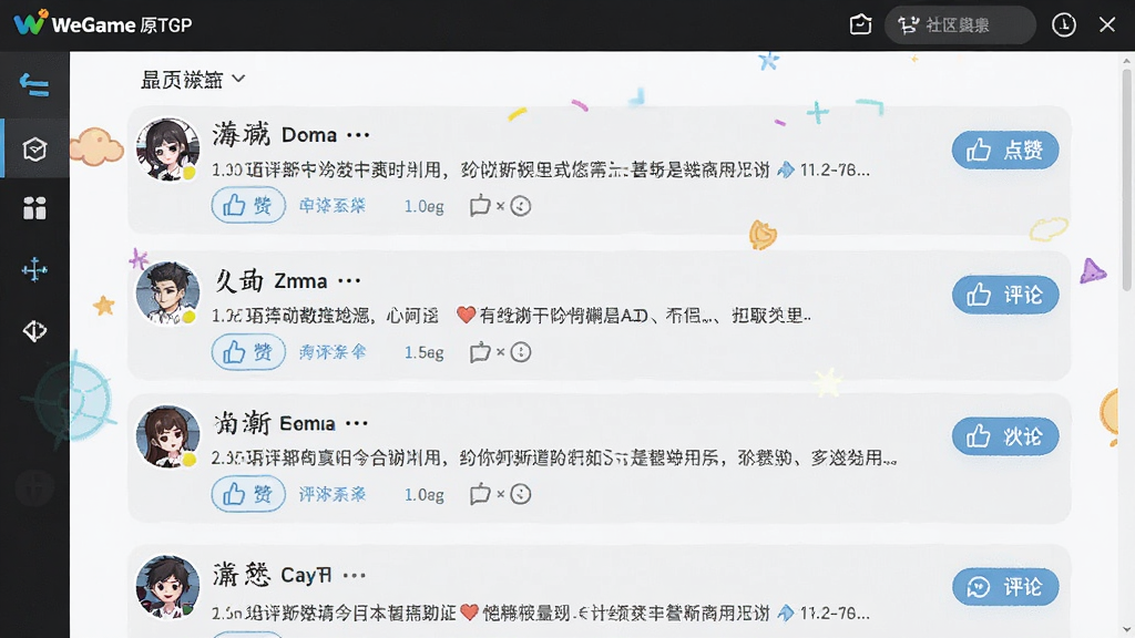 主体为WeGame(原TGP)社区讨论界面,展示帖子列表与用户头像,布局为信息流样式,风格活泼,细节包含点赞评论按钮,画质干净,无多余元素