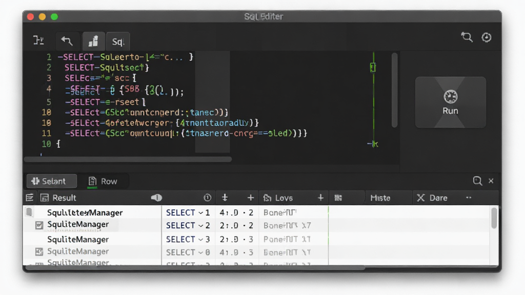 SQLiteManager SQL编辑器特写,彩色语法高亮显示SELECT语句,右侧有运行按钮,下方结果集以表格展示,深色主题编辑器,界面专业,高画质,干净背景