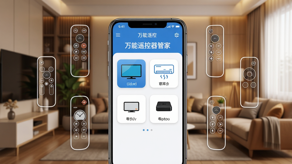 一幅现代智能家居场景的宽幅宣传图,主体是智能手机屏幕显示“万能遥控器管家”APP主界面,界面清晰展示电视、空调、机顶盒等设备图标,手机周围悬浮着多个家电的虚拟遥控器轮廓,背景是温馨的客厅环境,布局居中,排版大气,风格写实且科技感,细节丰富,画质高清干净,无多余元素。