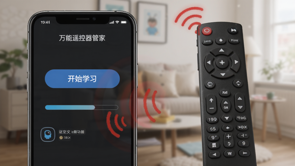展示“万能遥控器管家”自定义学习功能的示意图,主体是手机屏幕显示学习界面,屏幕上有“开始学习”按钮和进度条,旁边放置一个实体遥控器,布局为左右构图,排版清晰,风格演示性强,细节包括红外线示意,画质高清,无多余元素。