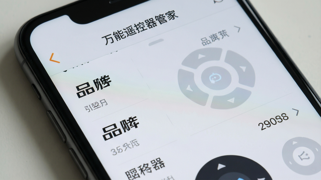 一张手机屏幕特写图,屏幕中显示“万能遥控器管家”的码库匹配界面,界面列表展示多个品牌名称和型号,背景为浅灰色,布局简洁,排版整齐,风格扁平化,细节清晰,画质干净,无多余元素。