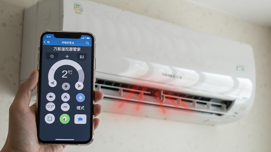 一张使用“万能遥控器管家”控制空调的实拍图,主体是手机屏幕显示空调遥控界面,界面有温度调节和模式按钮,手机前方是一台空调室内机,布局为侧视角,排版自然,风格真实,细节包括红外线示意,画质清晰,无多余元素。