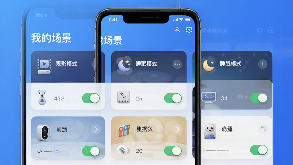 一张展示“万能遥控器管家”场景模式的界面截图,主体是手机屏幕显示“我的场景”页面,包含“观影模式”、“睡眠模式”等卡片,卡片上有设备图标和开关状态,背景为渐变蓝色,布局为网格排列,排版美观,风格现代,细节清晰,画质干净。