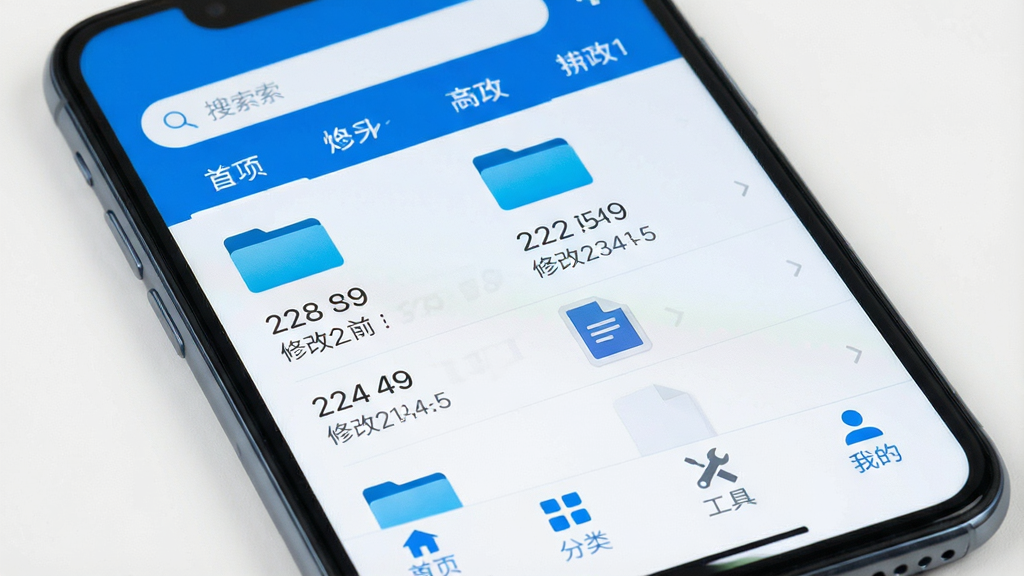 主体为一部现代智能手机屏幕特写,屏幕中显示file文件管理器的文件列表界面,界面以蓝白配色为主,顶部有搜索栏和分类标签,中部是整齐排列的文件夹图标和文件名称,底部有“首页”“分类”“工具”“我的”四个导航按钮。布局清晰,排版简洁,风格清新简约,细节包括文件大小、修改时间等文字信息,画质高清干净,无多余元素。