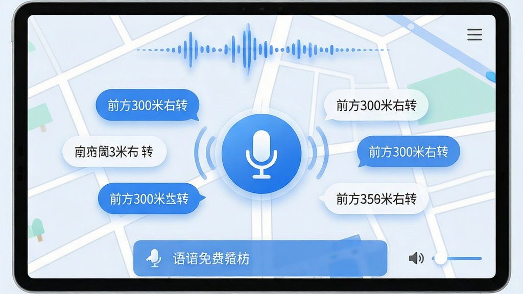 主体:高清免费导航地图的语音导航界面,屏幕上方显示语音波形动画,背景是简化的地图。布局:中央是圆形麦克风图标,周围环绕着语音指令文字气泡,底部是路线信息栏。排版:界面柔和,色彩以蓝色和白色为主,文字清晰。风格:科技感与亲和力并存,动画流畅。细节:麦克风图标带有声波扩散效果,气泡内显示“前方300米右转”等字样,屏幕角落有音量调节滑块。画质:高清,干净无多余元素。