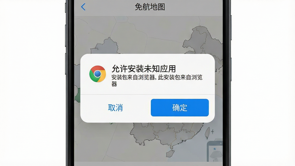 主体:高清免费导航地图在手机上的安装界面,屏幕显示“允许安装未知应用”的弹窗。布局:弹窗居中,背景是手机设置界面,下方有“取消”和“确定”按钮。排版:简洁明了,文字清晰。风格:扁平化,色彩以白色和灰色为主。细节:弹窗上有一个图标,文字提示“此安装包来自浏览器”,按钮为蓝色。画质:高清,干净无多余元素。