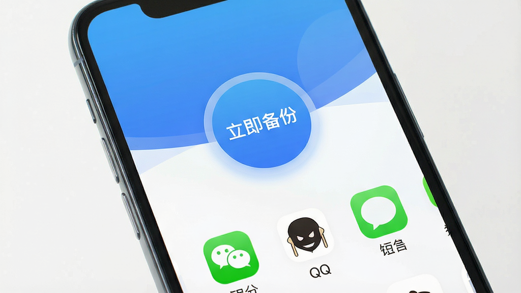 一张智能手机屏幕显示微备份手机记录免费的主界面,界面布局简洁,上方为蓝色渐变背景,中央有一个醒目的圆形“立即备份”按钮,按钮下方展示微信、QQ、短信等数据类型的图标,整体风格现代清爽,画质干净,无多余元素