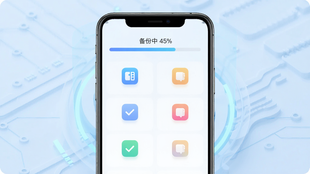 微备份手机记录免费一键备份功能示意图,手机屏幕内显示多个数据分类图标正在依次被勾选,顶部有进度条显示“备份中 45%”,背景为淡蓝色科技感风格,主体突出,布局清晰,画质干净,无多余元素