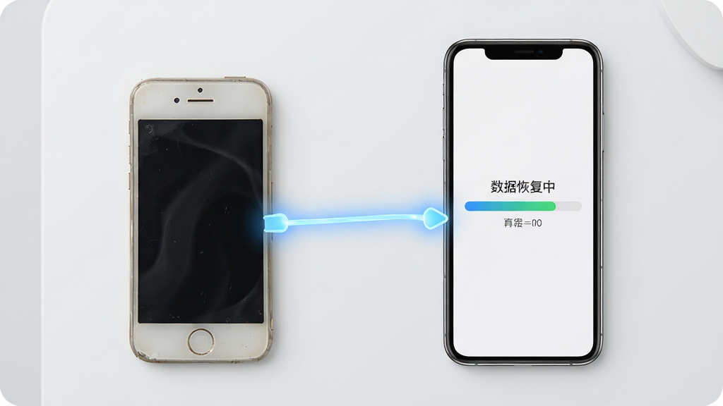 微备份手机记录免费恢复功能使用场景图,一部旧手机和一部新手机并排摆放,两者屏幕间有一条发光的连接线,新手机屏幕显示“数据恢复中”的进度条,背景为浅灰色简约风格,主体突出,布局和谐,画质干净,无多余元素