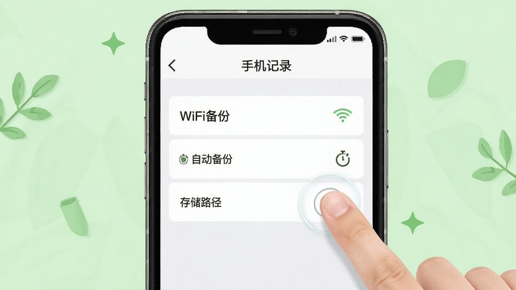 微备份手机记录免费使用教程示意图,手机屏幕显示软件设置界面,包含“WiFi备份”、“自动备份”、“存储路径”等选项,旁边有手指点击操作,背景为浅绿色清新风格,主体清晰,布局合理,画质干净,无多余元素