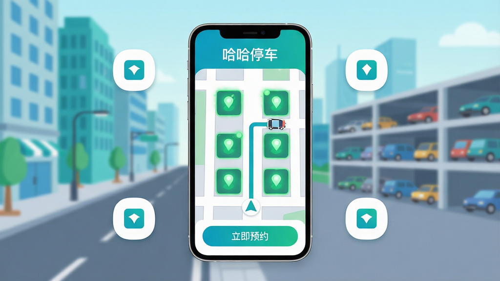 主体:哈哈停车APP界面展示,手机屏幕显示地图找车位功能,背景是城市街道与停车场;布局:手机居中,屏幕内展示绿色停车位标记与导航路线,周围有简洁的图标点缀;排版:手机竖屏,界面清晰,文字“哈哈停车”显示在屏幕顶部;风格:现代扁平化,色彩明亮清新,以蓝绿色调为主;细节:地图上有小车图标,车位标记闪烁,底部有“立即预约”按钮;画质:高清渲染,干净,无多余元素