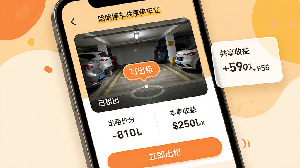 主体:哈哈停车共享停车位功能页面,手机屏幕显示一个小区地下车位被标记为“可出租”,旁边有“共享收益”数据;布局:上方为车位实拍照片,下方为出租价格与时段,底部有“立即出租”按钮;排版:照片占大面积,文字简洁;风格:暖色调,亲和力强,橙色与黄色点缀;细节:有“已租出”标签和“本月收益”数字;画质:高清,干净,无多余元素