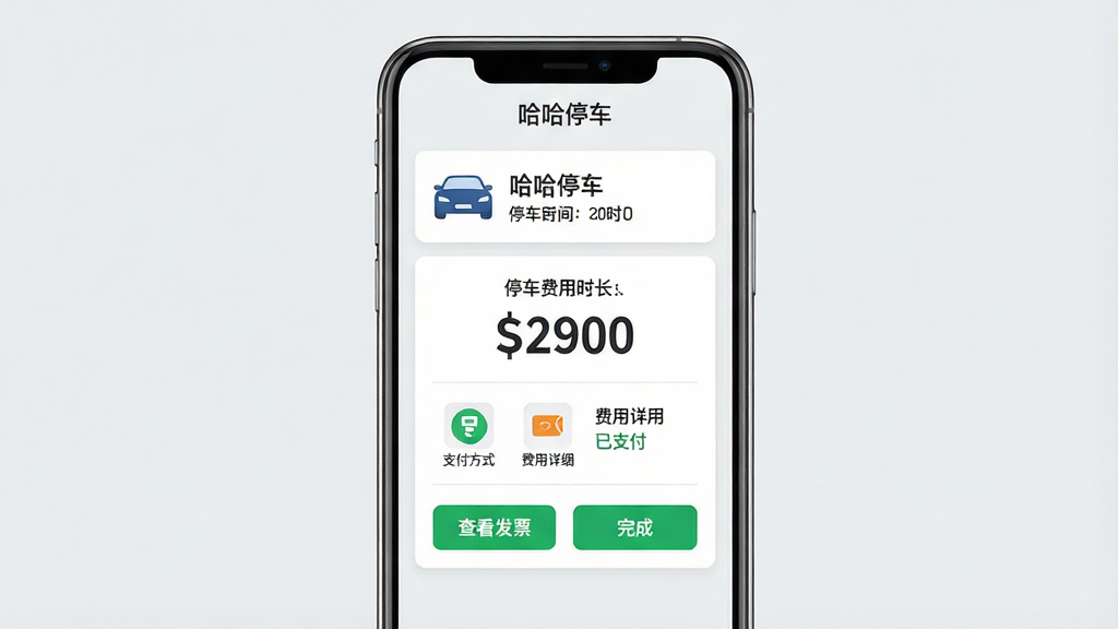主体:哈哈停车无感支付成功页面,手机屏幕上显示车牌号、停车时长、费用明细与“已支付”状态;布局:卡片式设计,上方为车牌与时间,中间为费用金额,下方为支付方式图标;排版:简洁清晰,金额用大号字体突出;风格:清爽商务风,浅灰背景,绿色按钮;细节:有“查看发票”和“完成”按钮,顶部有“哈哈停车”字样;画质:高清,干净,无多余元素