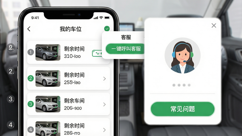 主体:哈哈停车APP使用教程页面,手机屏幕显示“我的车位”列表,旁边有客服悬浮窗;布局:屏幕左侧为车位信息,右侧为客服头像,底部有“常见问题”按钮;排版:简洁清晰,步骤说明用序号标出;风格:实用工具风,白色背景,绿色与灰色搭配;细节:有“一键呼叫客服”按钮,车位信息显示剩余时长;画质:高清,干净,无多余元素
