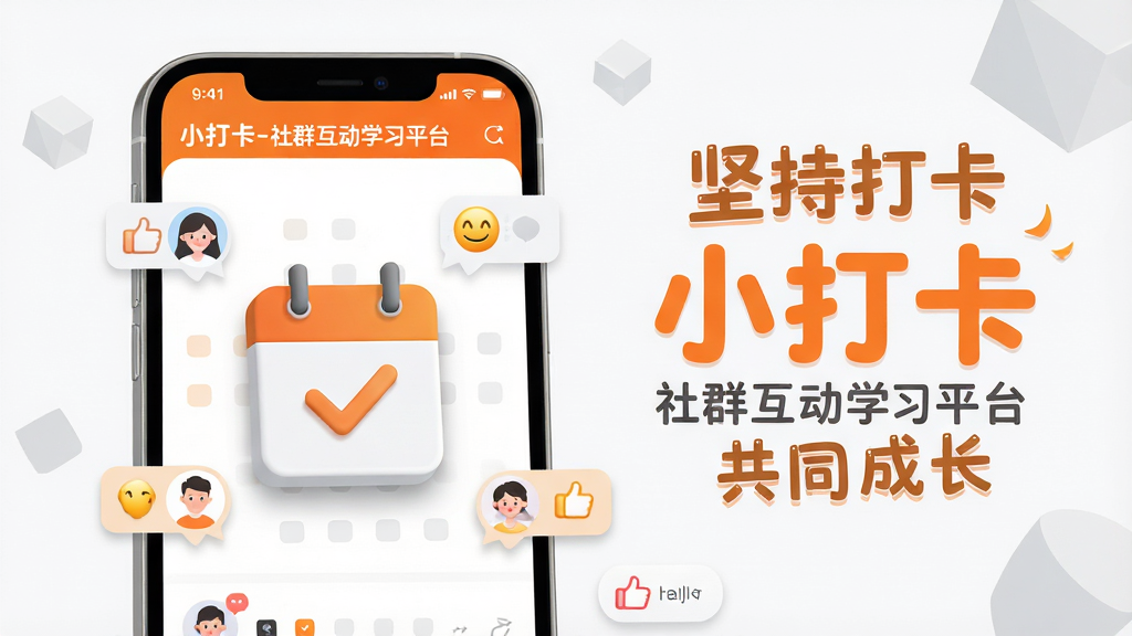 主体:手机屏幕展示“小打卡-社群互动学习平台”APP界面,画面中央是一个带有对勾的日历图标,周围环绕着用户头像和互动点赞的小气泡。布局:手机位于画面中心偏左,右侧留白处悬浮着“坚持打卡”和“共同成长”的艺术字标语。排版:主标题“小打卡”使用圆润的橙色字体,副标题“社群互动学习平台”紧随其后,整体层次分明。风格:扁平化设计,色彩明亮清新,以橙色和白色为主色调,背景点缀浅灰色几何图形。细节:日历图标上有微弱的立体阴影,气泡中显示简单的表情符号,整体画面干净整洁。画质:高清,无多余元素,适合应用商店宣传图。