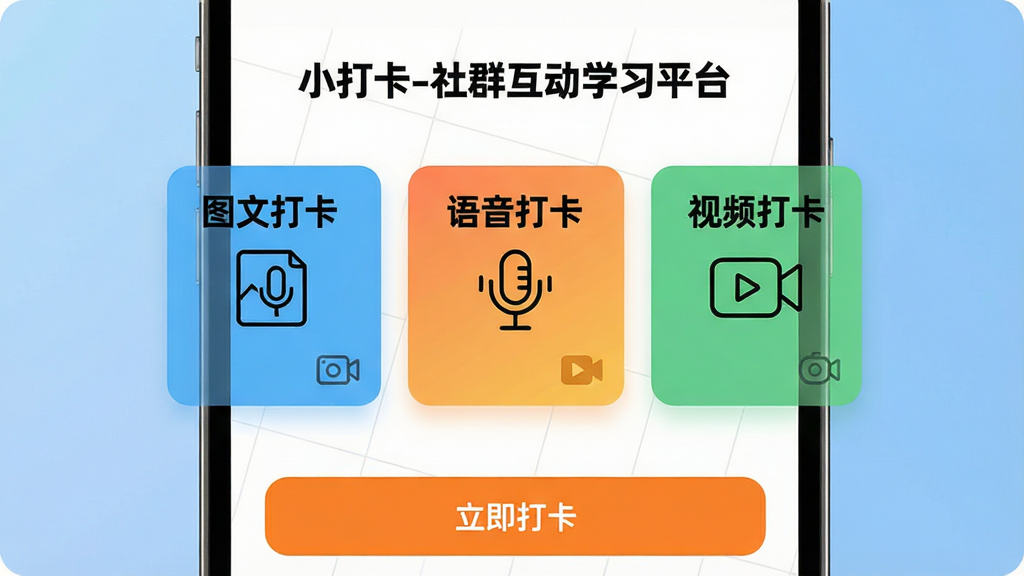 主体:一部手机屏幕特写,展示“小打卡-社群互动学习平台”内打卡模板选择的界面,屏幕上排列着“图文打卡”、“语音打卡”、“视频打卡”三个彩色卡片图标。布局:手机屏幕为前景,背景是柔和的渐变蓝色,三个卡片呈横向排列,下方有“立即打卡”的橙色按钮。排版:卡片标题用黑色粗体,图标采用简洁的线性风格,与背景形成对比。风格:UI设计风格,注重功能展示,色彩明快。细节:每个卡片上有微小的功能示意图标,如麦克风、摄像机符号,背景中有淡淡的网格线。画质:清晰,专业,无多余元素。