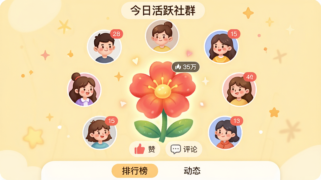 主体:展示“小打卡-社群互动学习平台”社群互动界面,屏幕中有多个用户头像围绕着一朵盛开的红色小花,下方是点赞和评论的图标。布局:中心对称,花朵位于正中,头像呈环形排列,背景为温暖的淡黄色。排版:顶部有“今日活跃社群”字样,底部有“排行榜”和“动态”的标签栏。风格:插画风格,人物头像为卡通样式,色彩温馨活泼。细节:花朵带有发光效果,数字角标显示点赞数,背景有微小的星星点缀。画质:高分辨率,柔和,无多余元素。