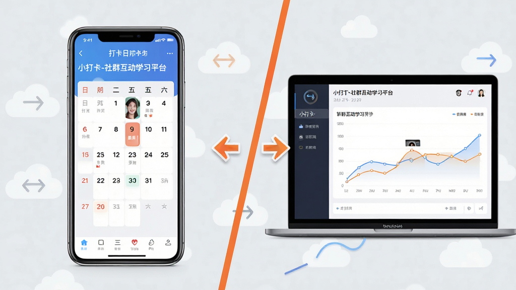 主体:一张分屏图片,左侧是手机运行“小打卡-社群互动学习平台”的界面,右侧是笔记本电脑显示同样的后台数据图表。布局:左右对称,中间用一条橙色斜线分隔,背景为浅灰色。排版:手机界面显示打卡日历,电脑屏幕显示折线统计图。风格:写实与扁平结合,突出跨平台同步的概念。细节:手机与电脑屏幕之间有同步箭头图标,背景有细微的云朵图案。画质:高清晰度,专业,无多余元素。