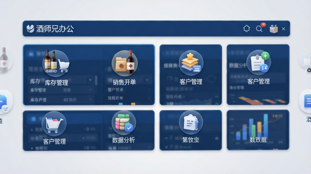 一张展示酒师兄办公软件主界面的高清截图,界面包含库存管理、销售开单、客户管理、数据分析等主要功能模块的图标排列,整体采用深蓝色商务风格,界面简洁清晰,图标圆润精致,背景为淡灰色渐变,画质干净,无多余元素,文字标注“酒师兄办公”