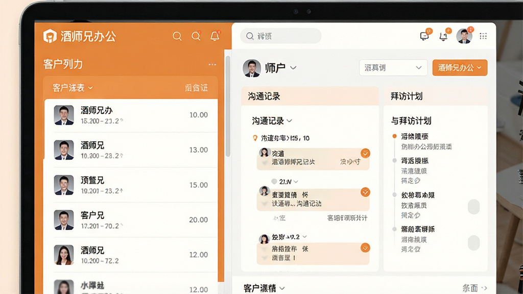 一张展示酒师兄办公客户管理界面的设计图,画面左侧为客户列表,右侧为客户详情页,包含沟通记录与拜访计划,整体采用暖橙色与白色相间的商务风格,界面友好,画质干净,无多余元素,文字标注“酒师兄办公”