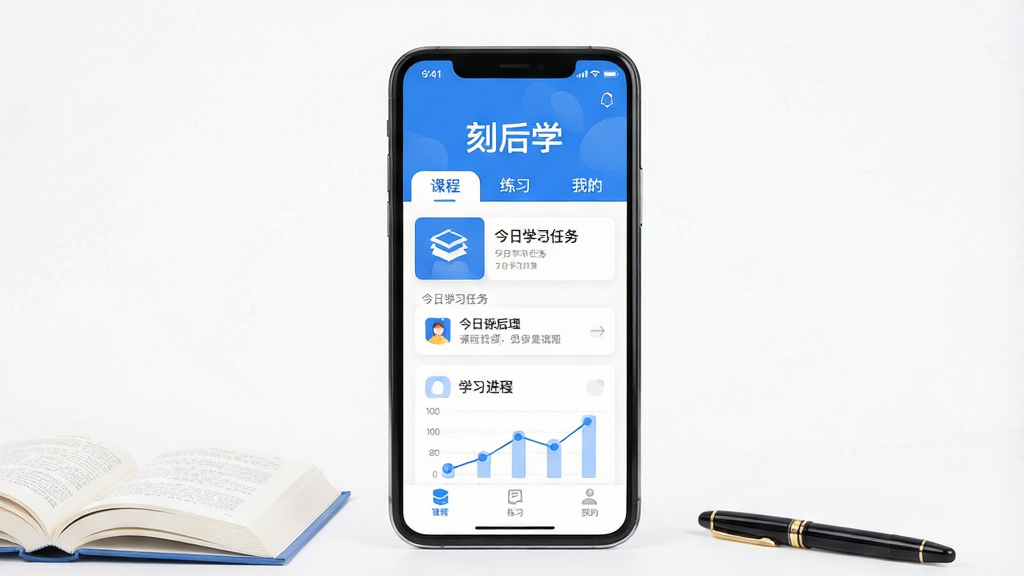 主体:刻后学App界面展示,手机屏幕显示课程列表与学习进度图表。布局:手机居中,屏幕内容清晰可见,周围留白,下方有书本和笔的装饰。排版:手机屏幕内信息分区明确,标题“刻后学”醒目。风格:现代扁平化设计,色彩清新明亮,以蓝色和白色为主色调。细节:屏幕内显示“课程”“练习”“我的”三个标签,以及“今日学习任务”卡片。画质:高清渲染,干净,无多余元素。