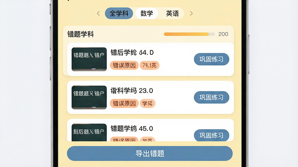 主体:刻后学App的错题本界面,展示错题列表和掌握程度进度条。布局:列表按学科分组,每组有错题数量统计,右侧有“巩固练习”按钮。排版:每条错题显示题干缩略图和错误原因标签。风格:淡黄色背景,卡片式设计,强调“错题回顾”功能。细节:顶部有“全学科”“数学”“英语”筛选标签,底部有“导出错题”按钮。画质:高清,干净,无多余元素。