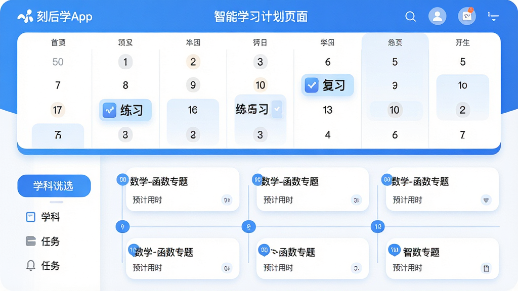 主体:刻后学App的智能学习计划页面,显示日历视图和每日任务列表。布局:日历占据上半部分,下方为任务卡片,左侧有学科筛选栏。排版:任务卡片以时间轴形式排列,每项任务标注预计用时。风格:清爽的蓝白配色,圆角卡片设计。细节:日历上标有“复习”“练习”的小图标,任务卡片显示“数学-函数专题”等字样。画质:高清,干净,无多余元素。
