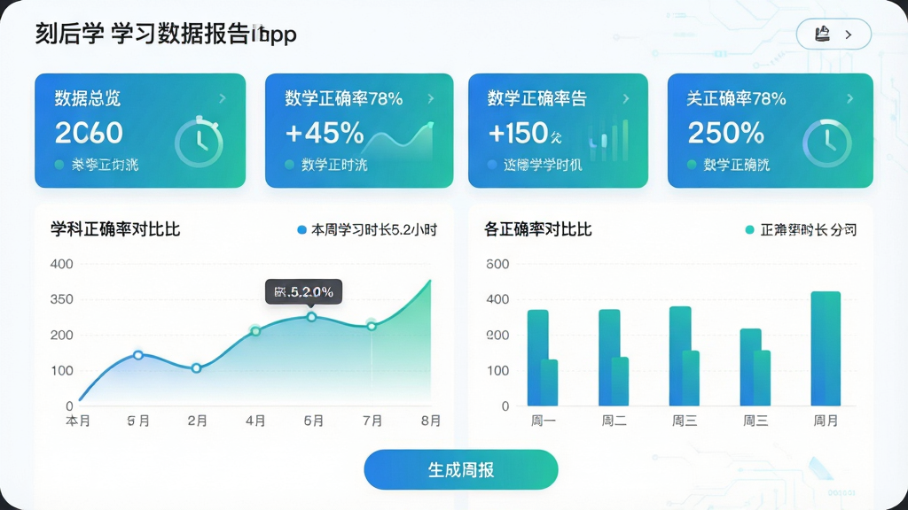 主体:刻后学App的学习数据报告页面,显示折线图和柱状图。布局:上方为数据总览卡片,下方为各学科正确率对比图。排版:图表采用蓝绿色渐变,图例清晰。风格:数据可视化风格,科技感强。细节:图表标注“本周学习时长5.2小时”“数学正确率78%”等数据,底部有“生成周报”按钮。画质:高清,干净,无多余元素。