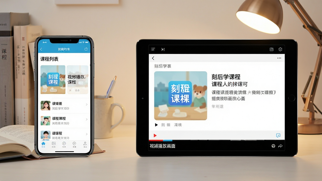 主体:刻后学App在手机和平板上的使用场景对比图。布局:左侧为手机竖屏界面,右侧为平板横屏界面。排版:两设备并排,屏幕内显示相同课程内容。风格:生活化场景,桌面有书本和台灯。细节:手机屏幕显示“课程列表”,平板屏幕显示“视频播放画面”。画质:高清,干净,无多余元素。
