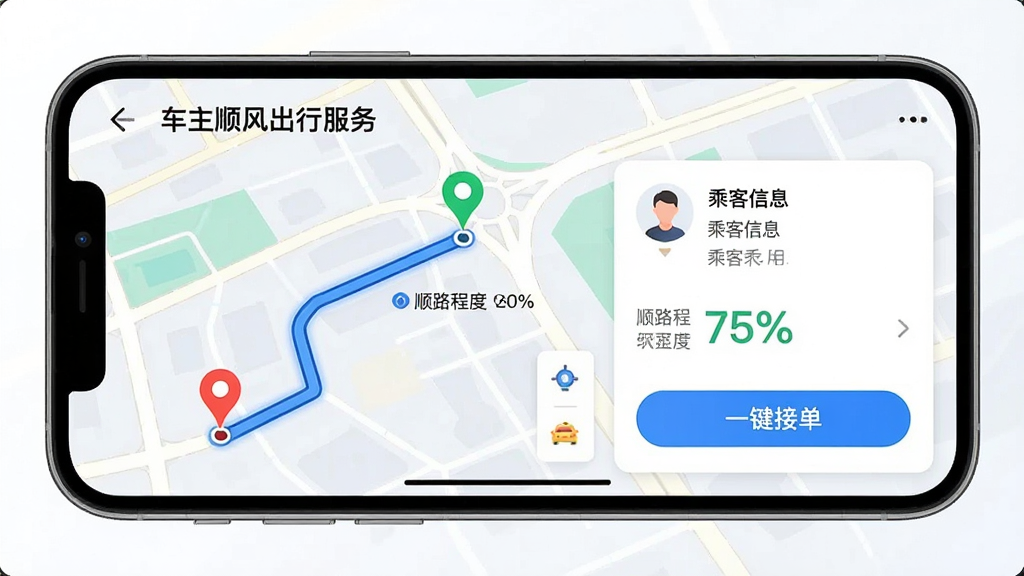 画面主体为一部手机横屏显示“车主顺风出行服务”APP的接单界面,左侧是地图路线,右侧是乘客信息卡片与“一键接单”按钮。布局左右分明,排版清晰,地图上有一条高亮蓝色行驶路线,起点与终点用红绿图钉标注。风格为现代科技感,细节包含顺路程度百分比显示,画质干净明亮,无多余元素。