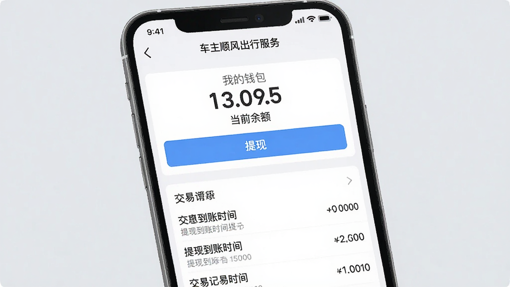 画面主体为一部手机屏幕展示“车主顺风出行服务”APP的“我的钱包”页面,页面显示当前余额、提现按钮和交易记录列表。布局为上下结构,上方是余额数字和“提现”按钮,下方是明细列表。风格简洁清爽,背景为浅灰色,细节包含提现到账时间提示文字,画质干净,无多余元素。