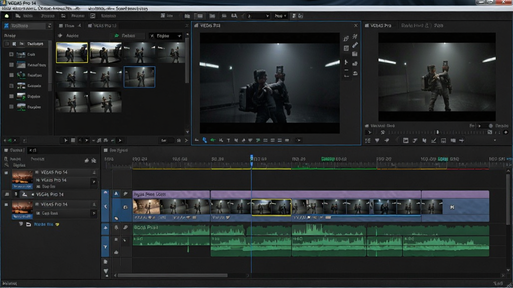VEGAS Pro 14 视频剪辑软件全貌,主界面展示多轨道时间线,素材库与预览窗口布局清晰,背景为深色专业调色环境,界面元素高光细节丰富,整体风格写实且现代,画质干净无多余元素