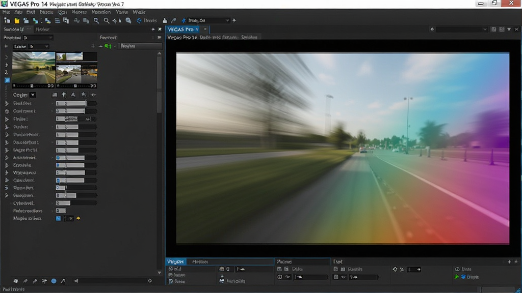 VEGAS Pro 14 视频特效应用效果预览,画面中展示一个视频片段应用了动态模糊与颜色渐变特效,左侧特效参数面板展开,右侧预览窗口显示效果,背景为软件界面,风格写实,细节丰富,画质干净无多余元素
