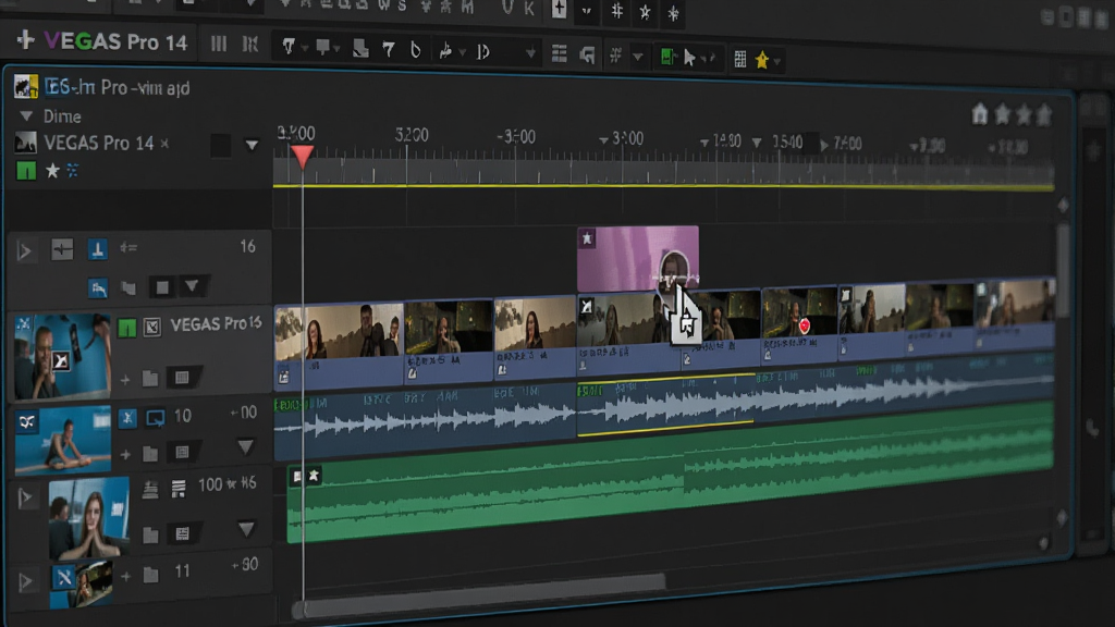 VEGAS Pro 14 多轨时间线编辑界面特写,展示多个视频轨与音频轨叠加,素材片段色彩分明,时间线标尺清晰,鼠标拖动状态,背景为深灰界面,细节丰富,画质干净无多余元素
