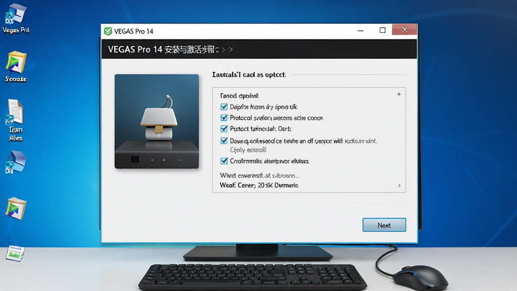 VEGAS Pro 14 安装与激活步骤示意图,展示安装向导界面,勾选协议选项,点击下一步按钮,背景为电脑桌面,风格简洁清晰,细节丰富,画质干净无多余元素