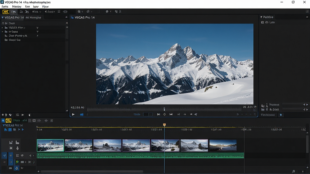 VEGAS Pro 14 编辑4K超高清视频素材截图,预览窗口显示细腻的雪山风景画面,清晰度极高,时间线上显示高分辨率素材的缩略图,界面元素专业,画质干净无多余元素